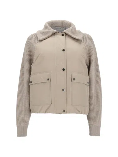 Brunello Cucinelli Ribbed-knit Panelled Jacket In Neutral