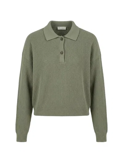 Brunello Cucinelli Ribbed-knit Polo-collar Sweater In Green