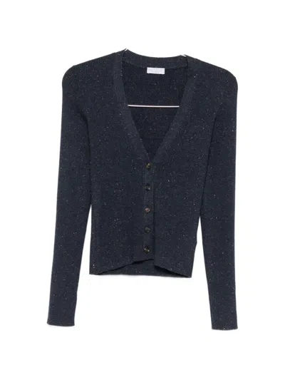 Brunello Cucinelli Cashmere And Viscose Blend Cardigan With Lurex Motif In Blue