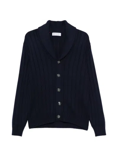 Brunello Cucinelli Ribbed-knit Shawl-collar Cardigan In Blue