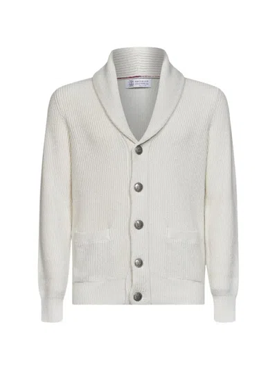 Brunello Cucinelli Ribbed-knit Shawl-collar Cardigan In White