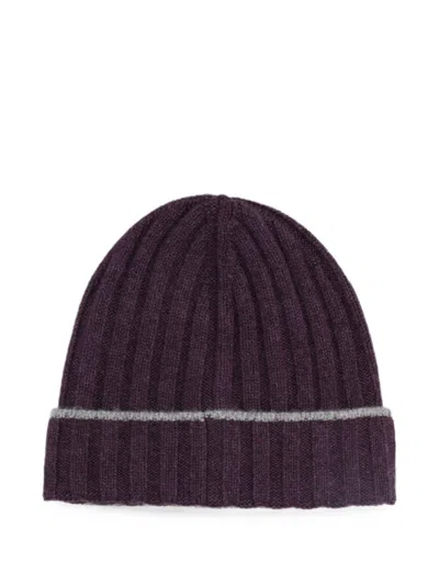 Brunello Cucinelli Ribbed-knit Striped-edge Beanie Hat In Purple