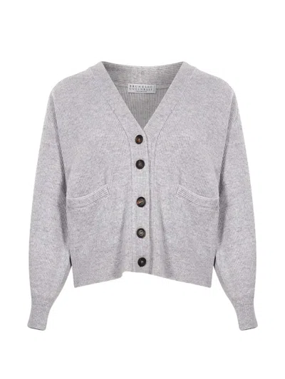 Brunello Cucinelli Ribbed-knit V-neck Cardigan In Gray