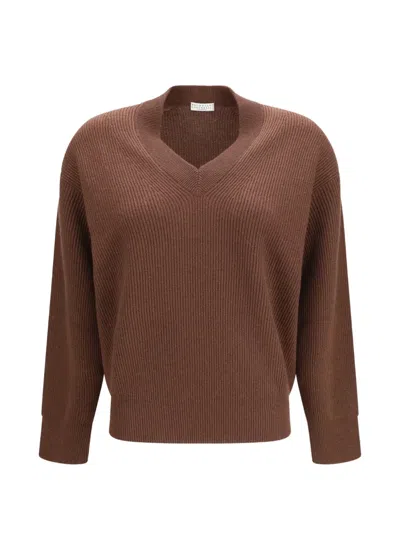 Brunello Cucinelli Ribbed-knit V-neck Sweater In Brown