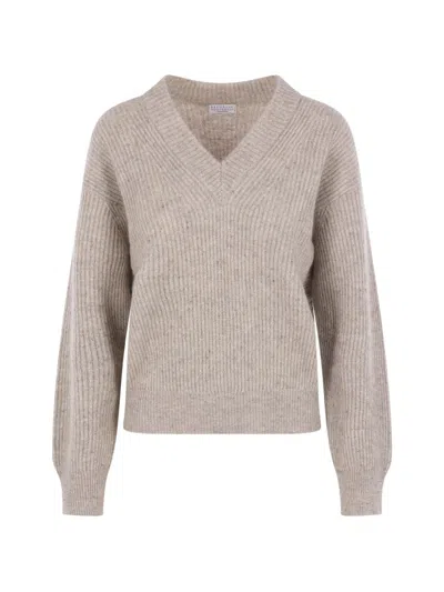 Brunello Cucinelli Ribbed-knit V-neck Sweater In Brown