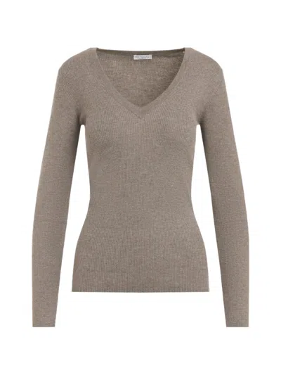 Brunello Cucinelli Ribbed V Neck Cashmere Silk Sweater In Gray