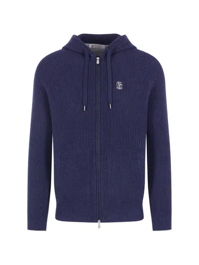 Brunello Cucinelli Hooded Cardigan Front Pockets Ribbed Texture Silk In Purple