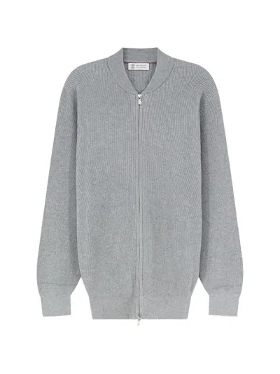 Brunello Cucinelli Ribbed Zip-up Cotton Cardigan In Gray