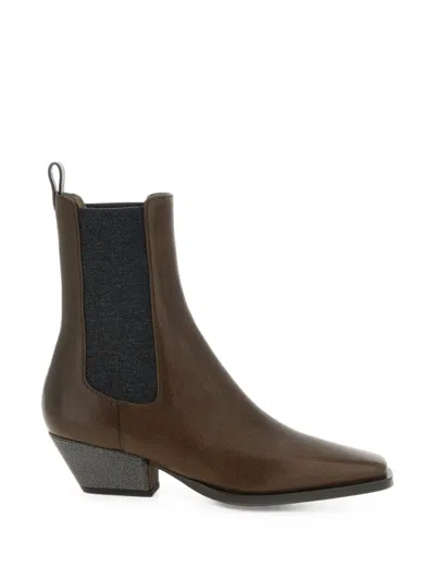 Brunello Cucinelli Riding-leather Chelsea Boots With Precious Heels In Brown