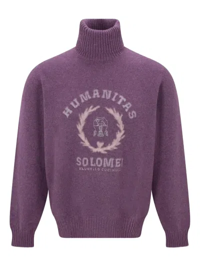 Brunello Cucinelli Roll-neck Logo Sweater In Purple