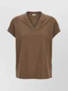 Brunello Cucinelli Rolled Cuffs V-neck Short Sleeve Top In Burgundy