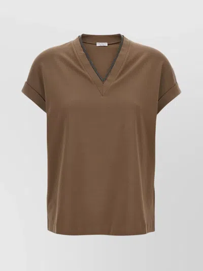 Brunello Cucinelli Rolled Cuffs V-neck Short Sleeve Top In Brown