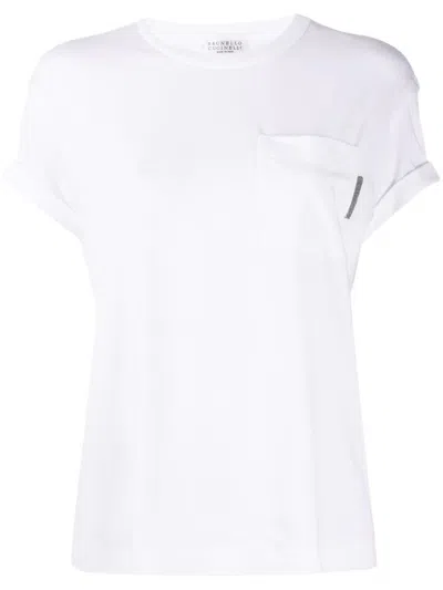 Brunello Cucinelli Rolled Sleeve White T-shirt With Subtle Pocket Detail