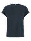Brunello Cucinelli Blue Crewneck T-shirt With Monil Detail On The Collar And Rear Cut-out In Cotton Stretch Woman In Blue