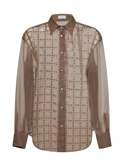 Brunello Cucinelli Rope Silk Georgette Embroidered Shirt In Multicolor