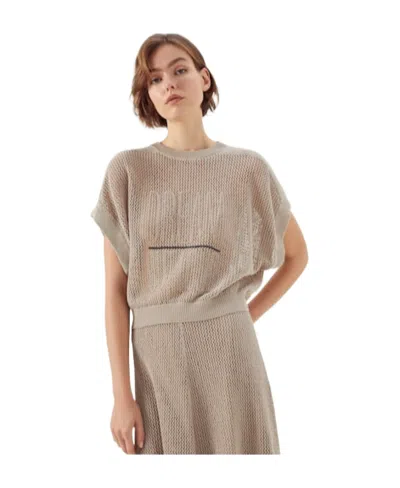 Brunello Cucinelli Round-collar Short-sleeve Sweater In Nude