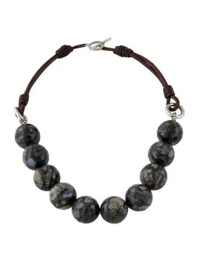 Pre-owned Brunello Cucinelli Round Faceted Stones On Leather Collar Necklace, 17" In Multi