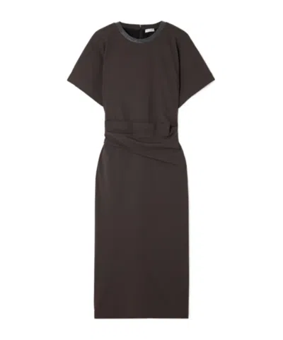 Brunello Cucinelli Embellished Draped Virgin Wool-blend Midi Dress In Multi