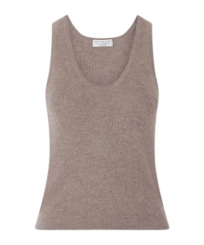 Brunello Cucinelli Round Neck Sleeveless Knit Top In Gray