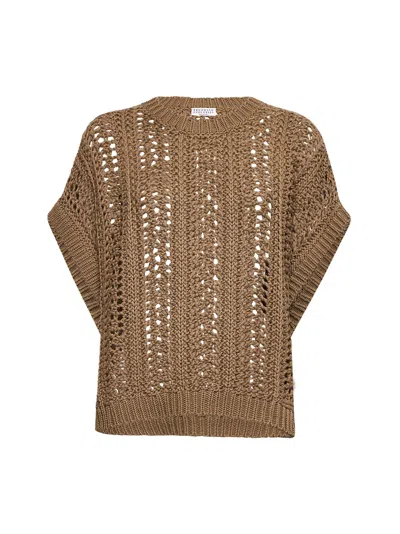 Brunello Cucinelli Brown Cotton Ribbed Net Sweater In Beige