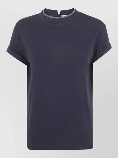 Brunello Cucinelli Round Neck T Shirt Keyhole Back Sleeves In Blue
