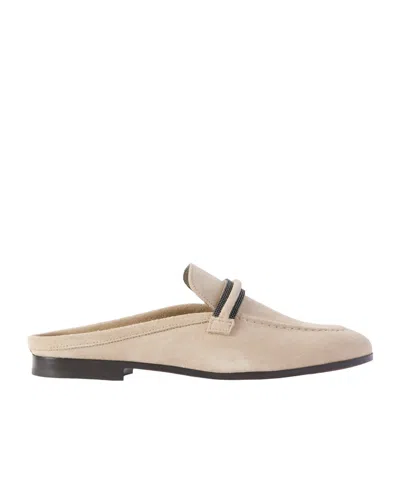 Brunello Cucinelli Bead-embellished Suede Slippers In Neutral