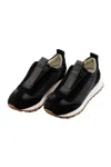 BRUNELLO CUCINELLI RUNNER SHOE IN SUEDE AND TAFFETA EMBELLISHED WITH THREADS OF BRILLIANT MONILI