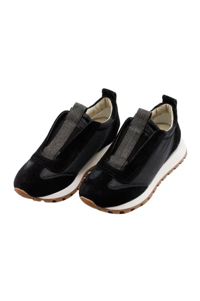 Brunello Cucinelli Runner Shoe In Suede And Taffeta Embellished With Threads Of Brilliant Monili In Black