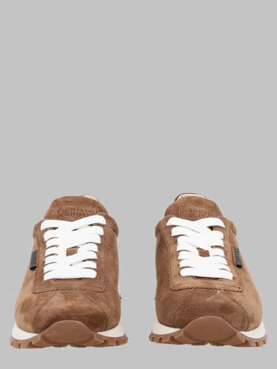 Brunello Cucinelli Runner Sneaker In Suede Leather With Shiny Tab In Brown