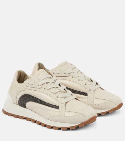 Brunello Cucinelli Panelled White Sneakers With Branded Details In Neutral