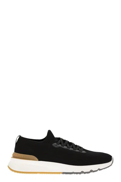 Brunello Cucinelli Runners In Cotton Knit And Semi Glossy Calf Leather In Black