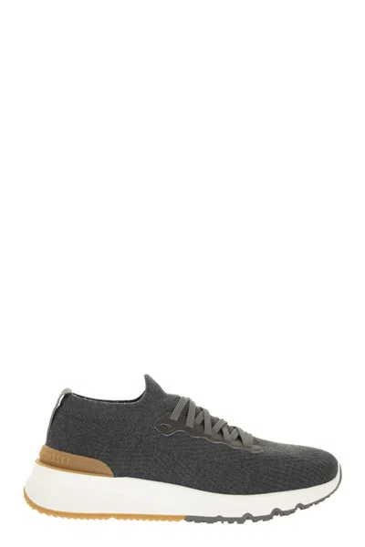 Brunello Cucinelli Runners In Cotton Knit And Semi-glossy Calf Leather In Black