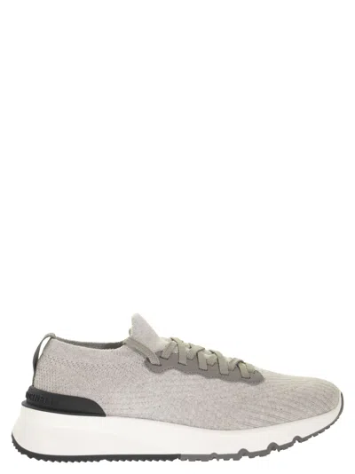 Brunello Cucinelli Runners In Cotton Knit And Semi-glossy Calf Leather In Light Grey