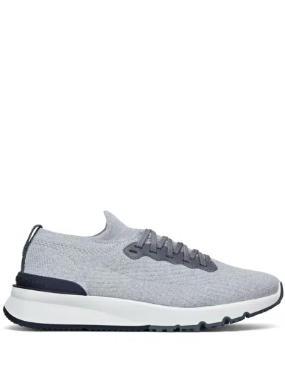Brunello Cucinelli Runners In Cotton Knit And Semilucid Veal In Grey