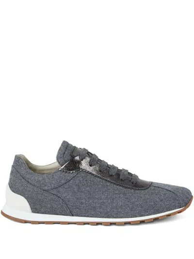 BRUNELLO CUCINELLI VIRGIN WOOL FLANNEL AND LAMÉ CALFSKIN RUNNERS WITH MONILI