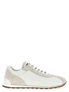 Brunello Cucinelli Embellished Suede-trimmed Stretch-knit Sneakers In Beige