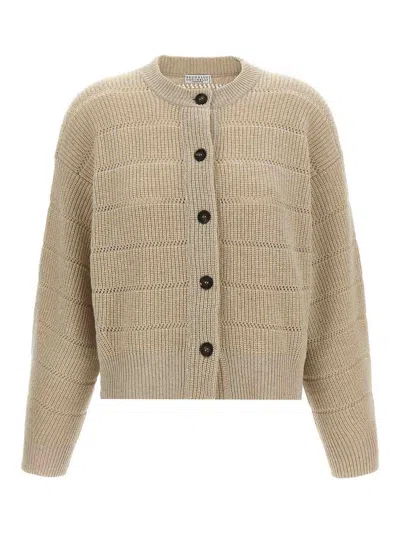 Brunello Cucinelli Rustic Dazzling Net Cardigan In Sand