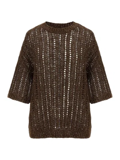 Brunello Cucinelli Rustic Duzzling Net Jersey Sweater In Brown