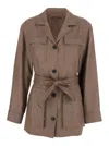 Brunello Cucinelli Brown Jacket With Notched Revers And Front Closure With Bow In Linen Blend Woman In Brown