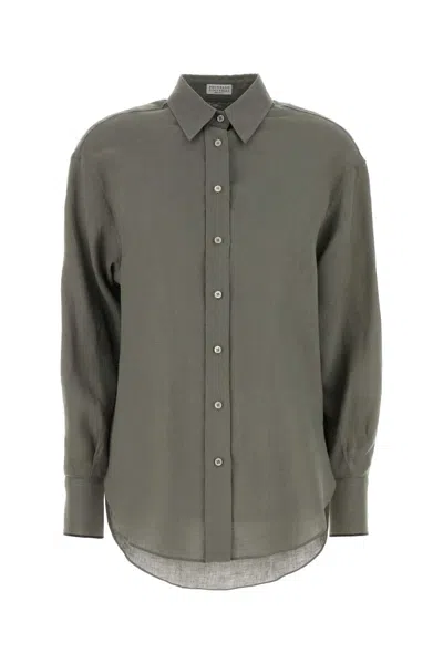 Brunello Cucinelli Sage Green Linen Shirt In Gray
