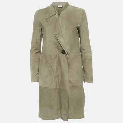 Pre-owned Brunello Cucinelli Sage Green Suede Mid Length Jacket M