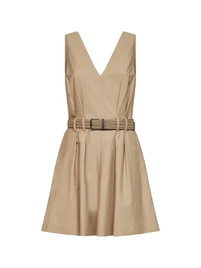 Brunello Cucinelli Sahara Texture Twill Mini Dress With Belt And Monili In Brown
