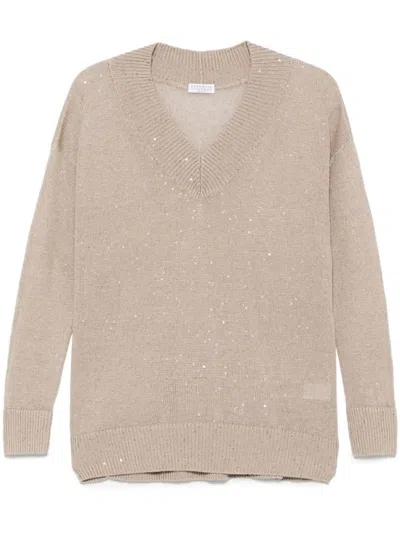 Brunello Cucinelli Sand-colored V-neck Sweater With Sequined Accents In Brown