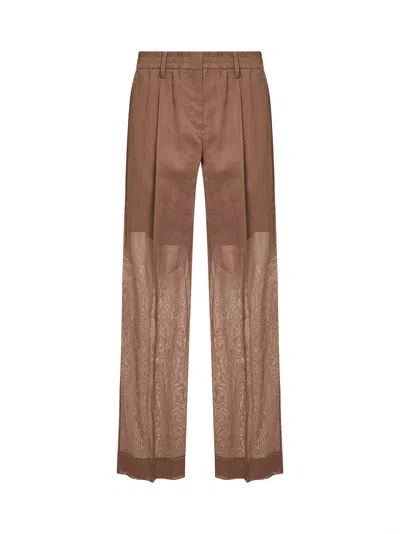Brunello Cucinelli Sand Organza Sartorial Track Trousers With Monili In Brown