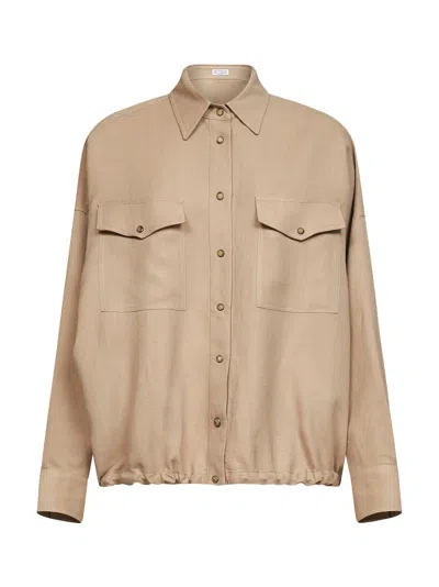 Brunello Cucinelli Sand Viscose And Linen Fluid Twill Shirt In Brown
