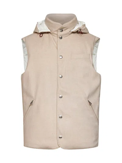 Brunello Cucinelli Sand Wool Padded Hooded Vest In Brown