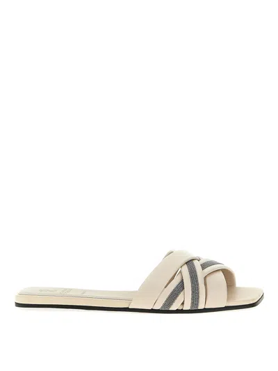 Brunello Cucinelli Leather Monili Flat Slide Sandals In White