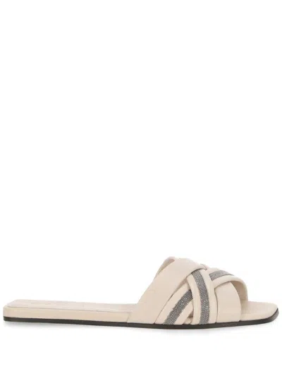 Brunello Cucinelli Bead-embellished Woven Leather Sandals In Beige