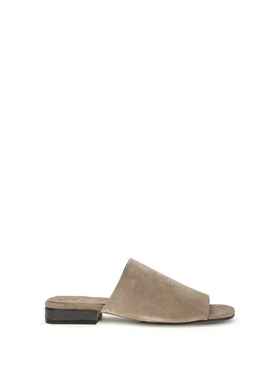 Brunello Cucinelli Suede Flat Sandal In Neutral