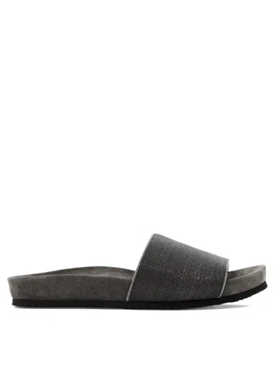 Brunello Cucinelli Precious Taupe Slides In Suede In Brown